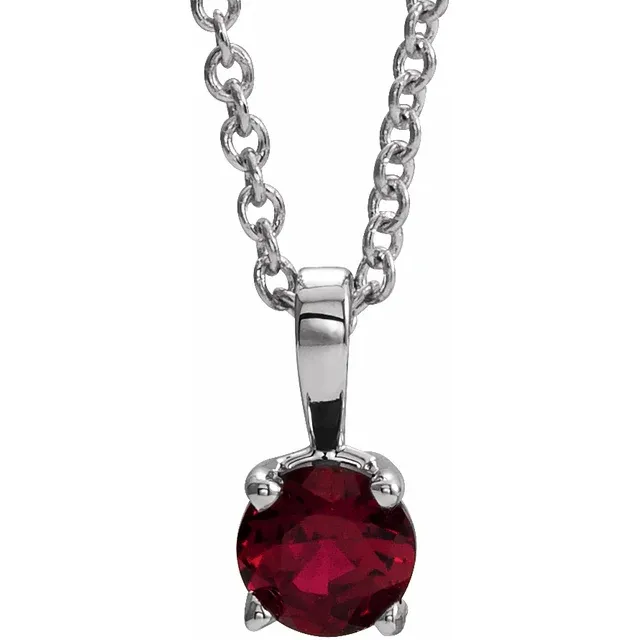 14K White 6 mm Round Lab-Grown Ruby Birthstone 16-18" Necklace-