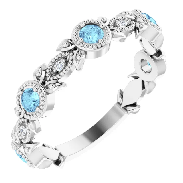 14K White Aquamarine & .3 CTW Diamond Leaf Ring