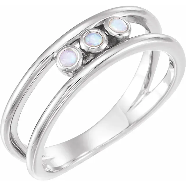 14K White Opal Three-Stone Bezel-Set Ring-