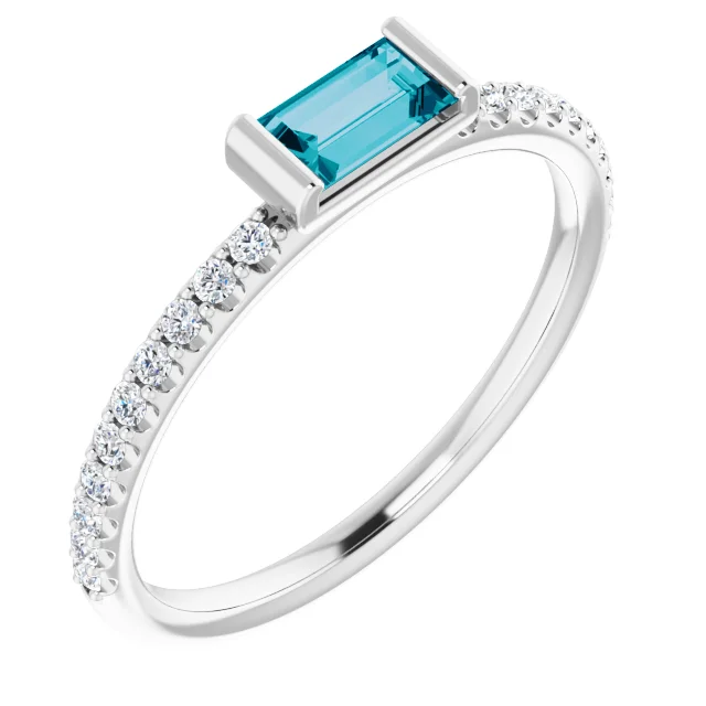 14K White London Blue Topaz & 1/6 CTW Diamond Stackable Ring-