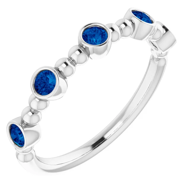 14K White Blue Sapphire Stackable Beaded Ring-