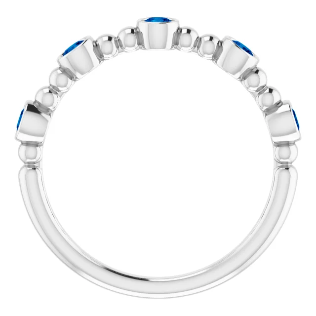 14K White Blue Sapphire Stackable Beaded Ring-