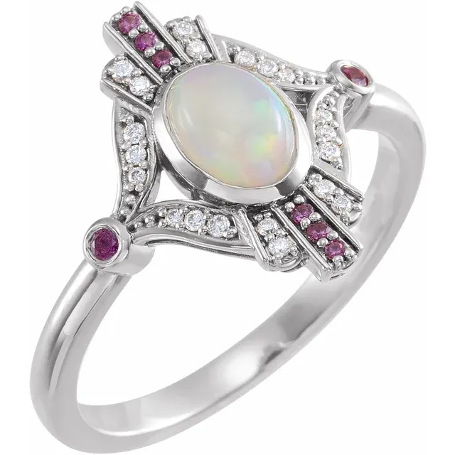 14K White Cabochon Ethiopian Opal, Pink Sapphire & .06 CTW Diamond Ring-