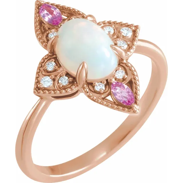 14K Rose Ethiopian Opal, Pink Sapphire & .05 CTW Diamond Vintage-Inspired Ring-