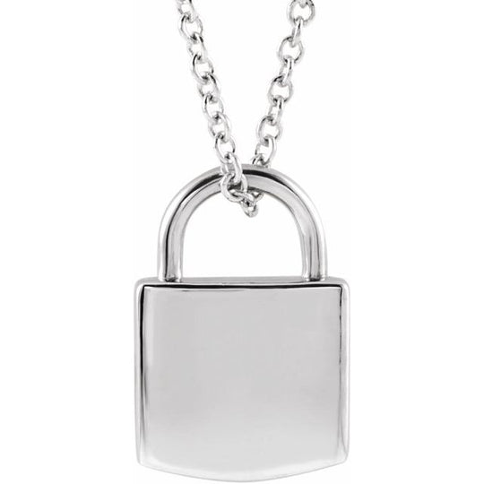14K White 12.2x8 mm Engravable Lock 16-18" Necklace