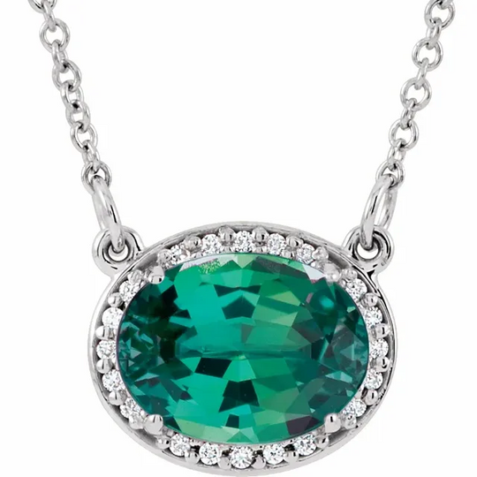 14K White Lab-Grown Emerald & .5 CTW Diamond 16.5" Necklace