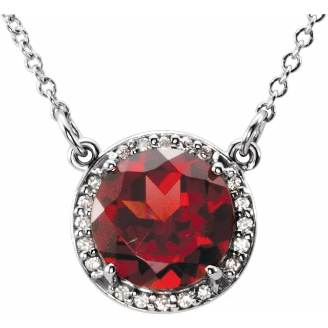 14K White 8 mm Round Mozambique Garnet & .05 CTW Diamond 16" Necklace-