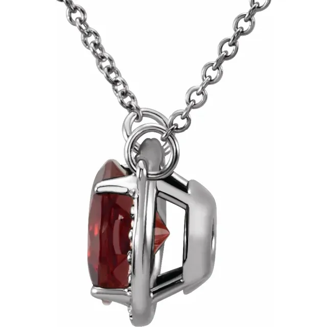 14K White 8 mm Round Mozambique Garnet & .05 CTW Diamond 16" Necklace-