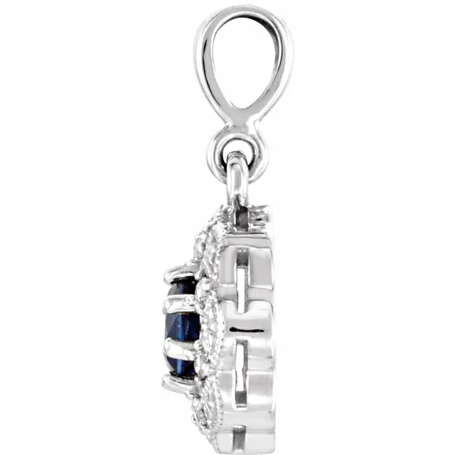 14K White Blue Sapphire & .06CTW Diamond Pendant-