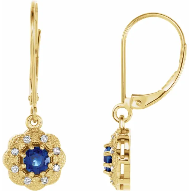 14K Yellow Blue Sapphire & 1/10 CTW Diamond Halo-Style Earrings-