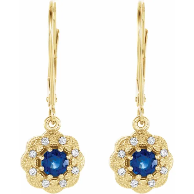 14K Yellow Blue Sapphire & 1/10 CTW Diamond Halo-Style Earrings-