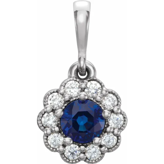 14K White Blue Sapphire & 1/8 CTW Diamond Pendant-