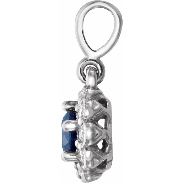 14K White Blue Sapphire & 1/8 CTW Diamond Pendant-