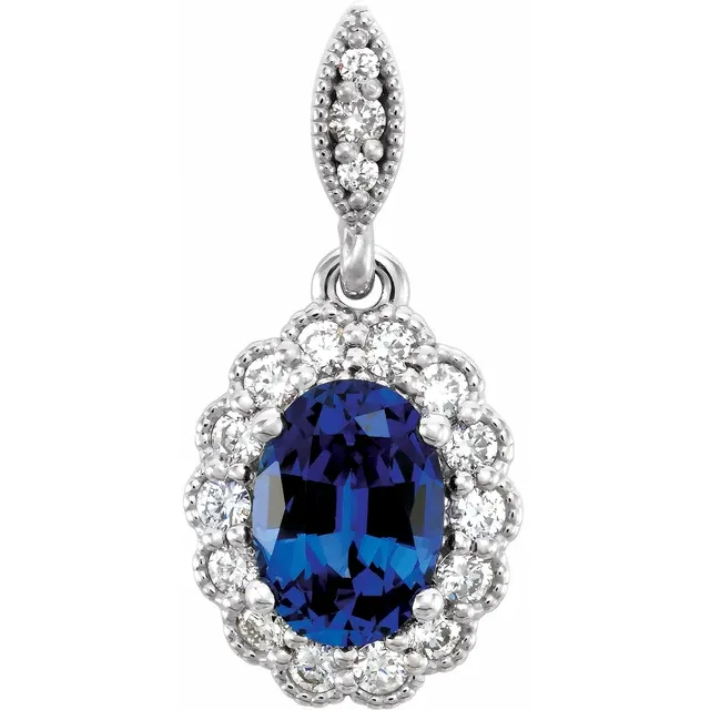 14K White Lab-Grown Blue Sapphire and 1/5 CTW Diamond Pendant