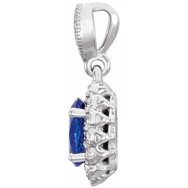 14K White Lab-Grown Blue Sapphire and 1/5 CTW Diamond Pendant-