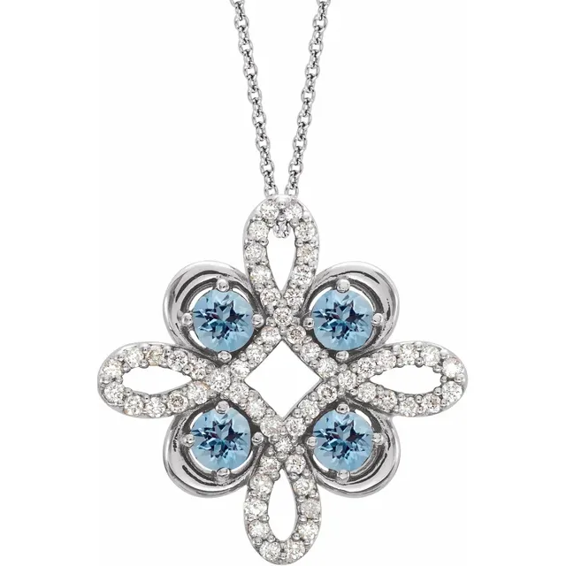 14K White Aquamarine & 1/6 CTW Diamond Clover 18" Necklace-
