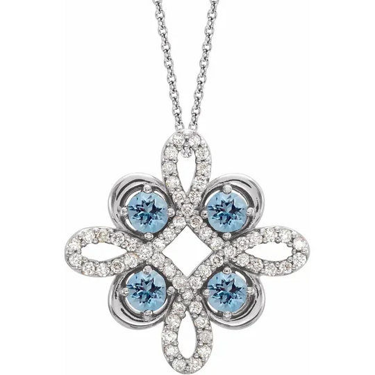 14K White Aquamarine & 1/6 CTW Diamond Clover 18" Necklace