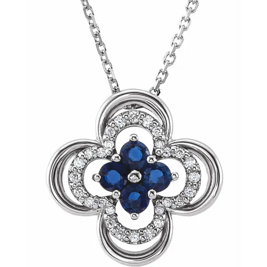 14K White Blue Sapphire & 1/1 CTW Diamond Clover 18" Necklace