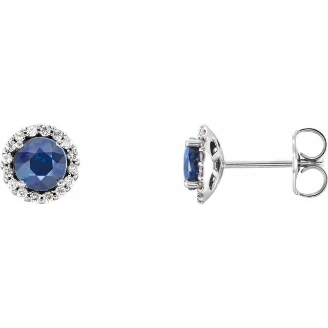14K White Blue Sapphire & 1/6 CTW Diamond Earrings-