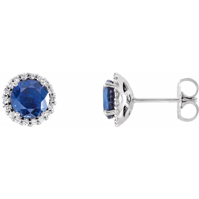 14K White Blue Sapphire & 1/8 CTW Diamond Earrings-