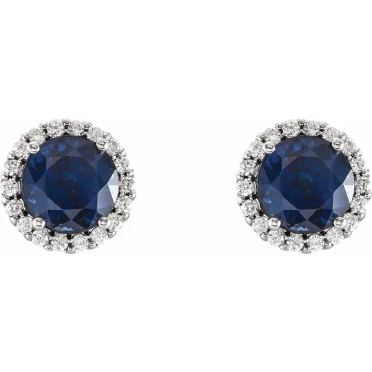 14K White Blue Sapphire & 1/8 CTW Diamond Earrings