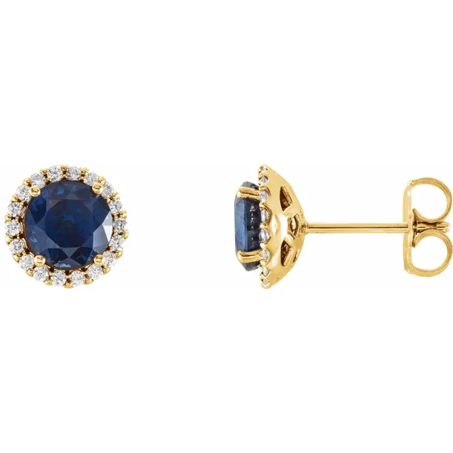 14K Yellow Blue Sapphire & 1/8 CTW Diamond Earrings-