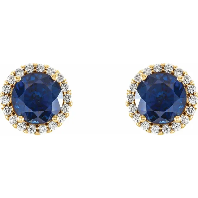 14K Yellow Blue Sapphire & 1/8 CTW Diamond Earrings-