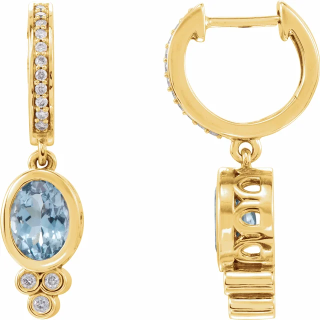 14K Yellow Aquamarine & 1/6 CTW Diamond Hoop  Earrings