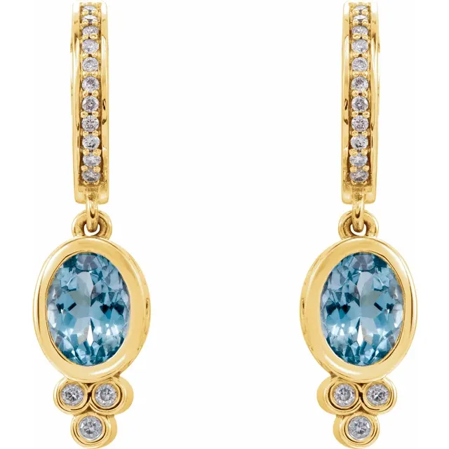 14K Yellow Aquamarine & 1/6 CTW Diamond Hoop  Earrings