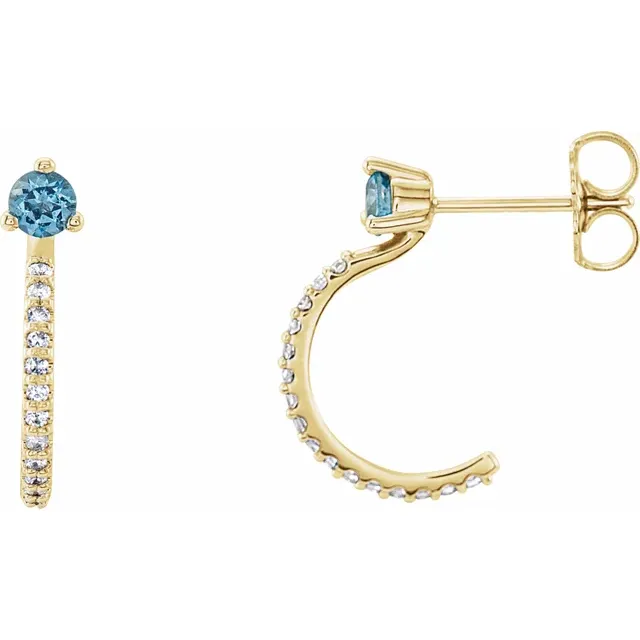 14K Yellow Aquamarine & 1/6 CTW Diamond Hoop Earrings-