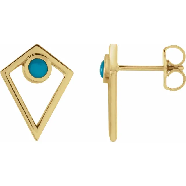 14K Yellow Turquoise Cabochon Pyramid Earrings-