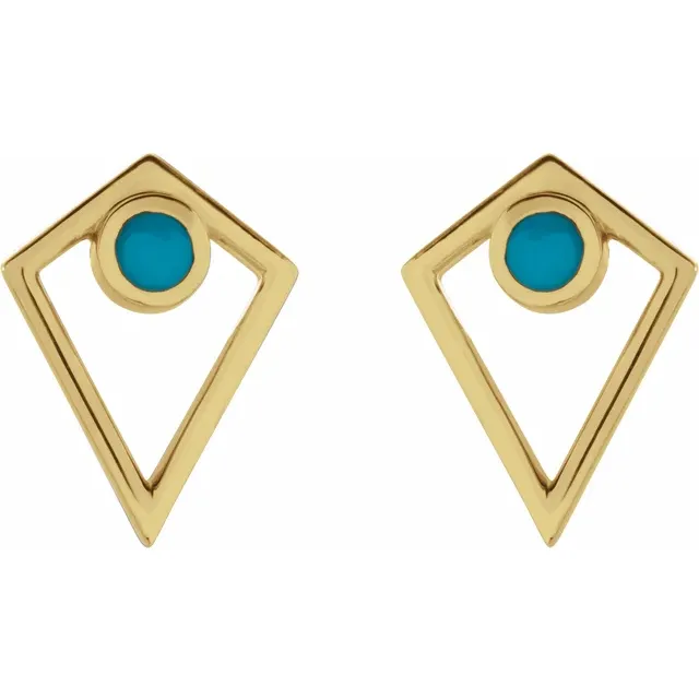 14K Yellow Turquoise Cabochon Pyramid Earrings-