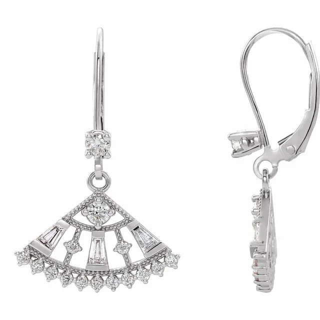 14K White 3/4 CTW Diamond Lever Back Fan Earrings-