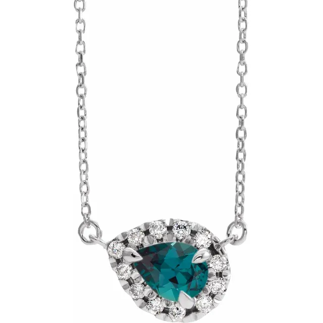 14K White 5x3 mm Pear Lab-Grown Alexandrite & 1/8 CTW Diamond 16" Necklace-