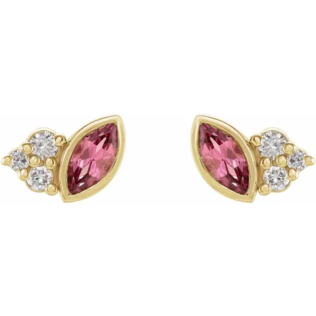 14K Yellow Pink Tourmaline and .5 CTW Diamond Earrings