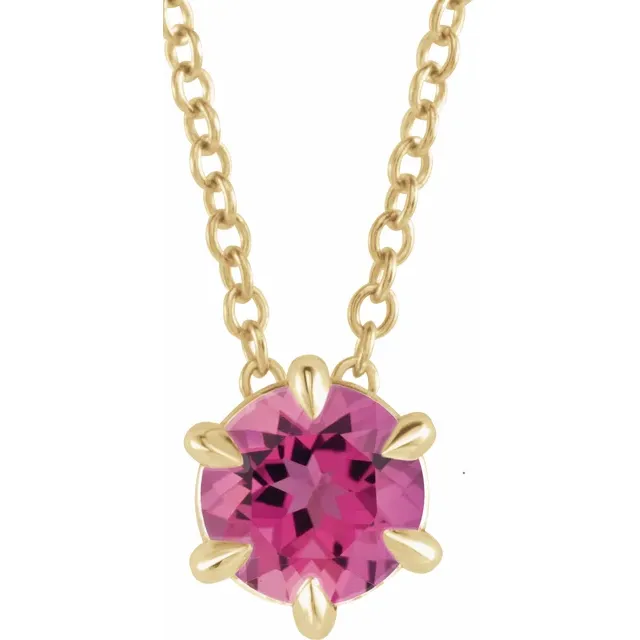 14K Yellow Round 5 mm Pink Tourmaline Solitaire 16-18" Necklace-