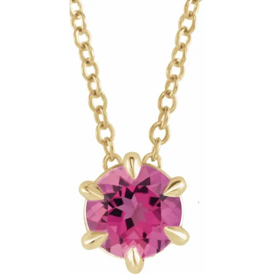 14K Yellow Round 5 mm Pink Tourmaline Solitaire 16-18" Necklace