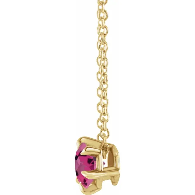 14K Yellow Round 5 mm Pink Tourmaline Solitaire 16-18" Necklace-
