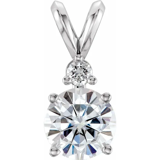 14K White 6.5 mm Round Forever One Moissanite & .05 CTW Diamond Pendant-