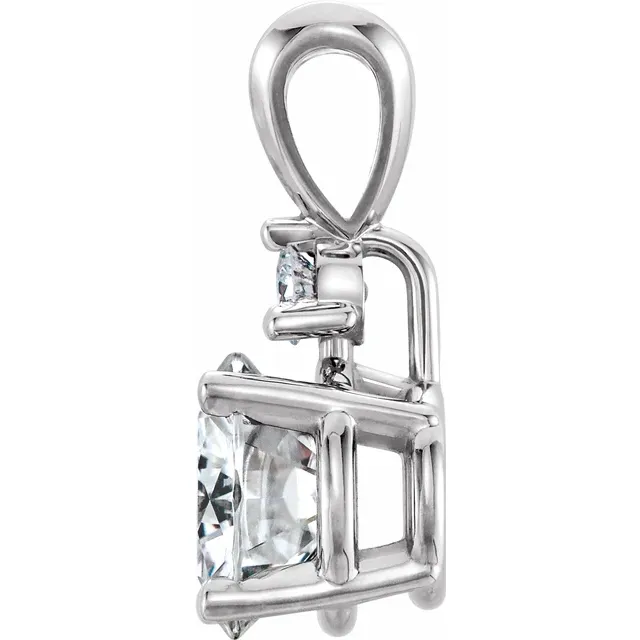 14K White 6.5 mm Round Forever One Moissanite & .05 CTW Diamond Pendant-