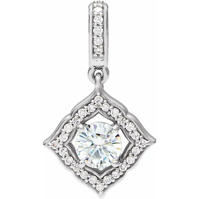 14K White 5 mm Round Forever One™ Moissanite & 1/8 CTW Diamond Pendant-