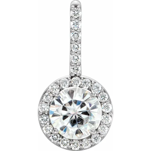 14K White 6.5 mm Round Forever One Moissanite & 1/4 CTW Diamond Pendant-
