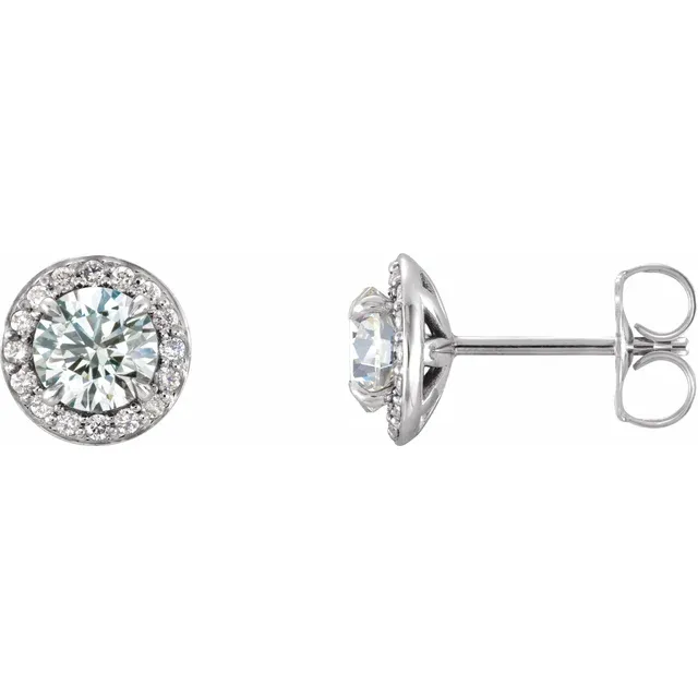 14K White 5 mm Round Forever One Moissanite & 1/8 CTW Diamond Earrings-