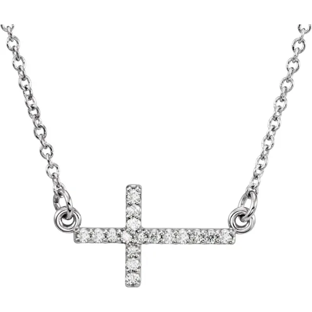 14K White .07 CTW Diamond Sideways Cross 16-18" Necklace-