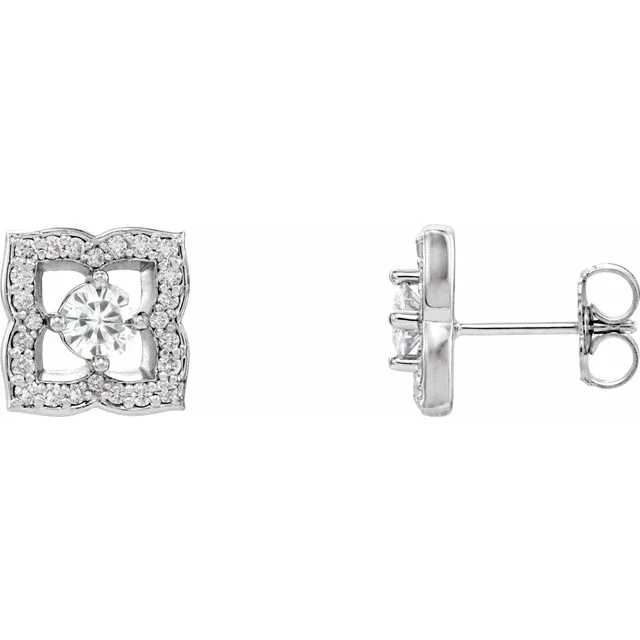 14K White 4 mm Round Forever One Created Moissanite & 1/3 CTW Diamond Earrings-
