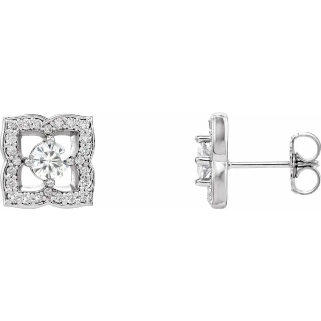 14K White 4 mm Round Forever One Created Moissanite & 1/3 CTW Diamond Earrings