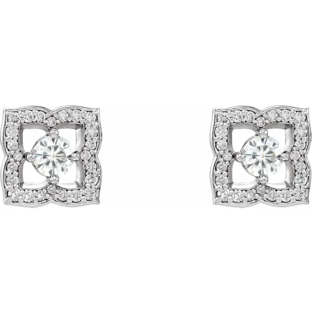 14K White 4 mm Round Forever One Created Moissanite & 1/3 CTW Diamond Earrings-