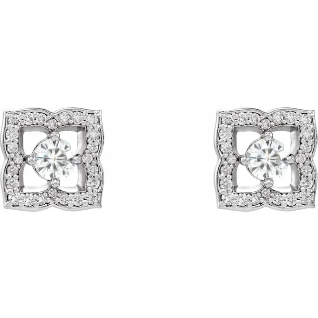 14K White 4 mm Round Forever One Created Moissanite & 1/3 CTW Diamond Earrings