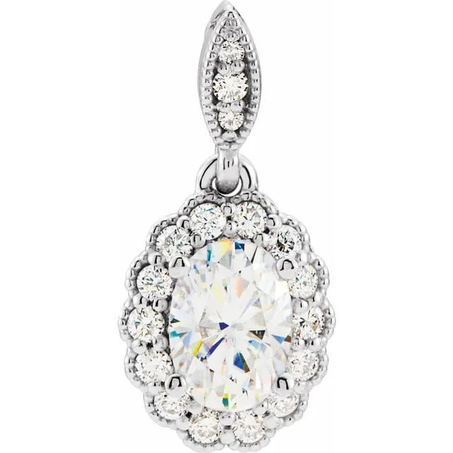 14K White 7x5 mm Oval Forever One Moissanite & 1/5 CTW Diamond Pendant-