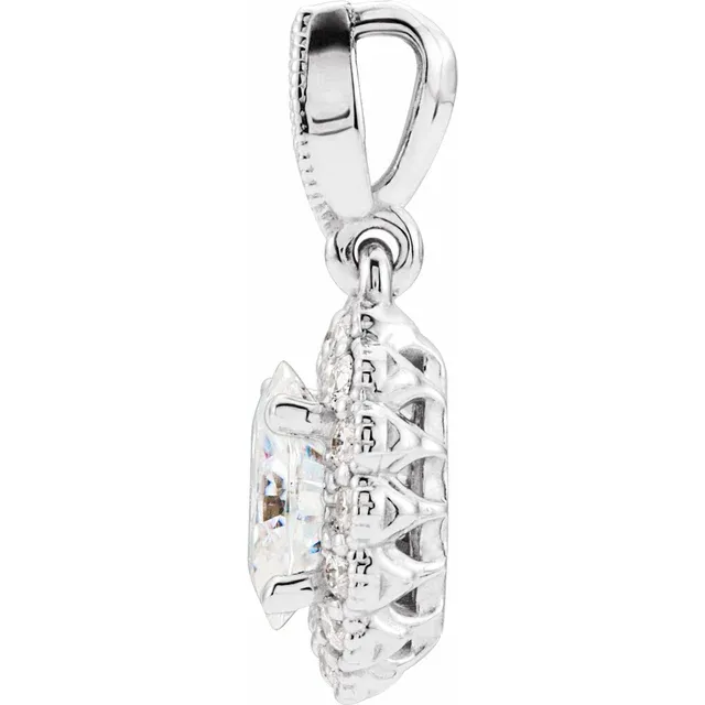 14K White 7x5 mm Oval Forever One Moissanite & 1/5 CTW Diamond Pendant-